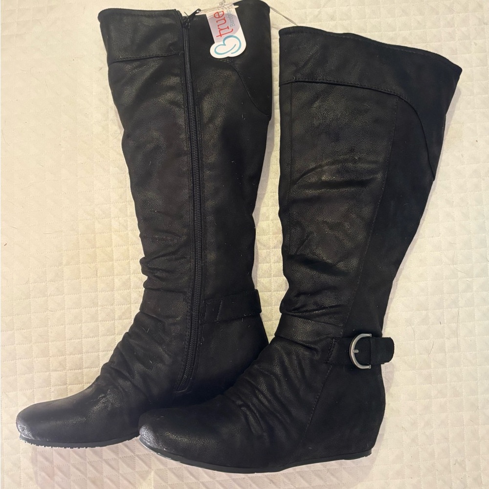 BareTraps Starling Black Ruched Tall Wedge Side Zip Riding Boots Women Sz 7.5 M